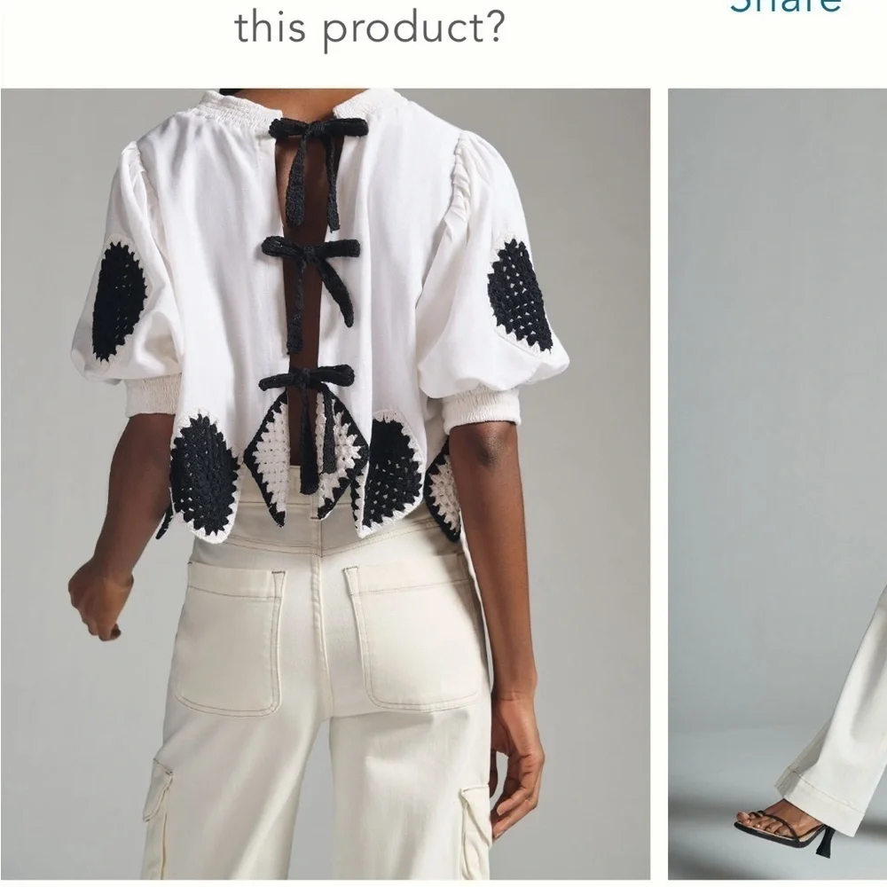 Anthropologie Bow-Back Crochet Crop Top in Black & White One Size